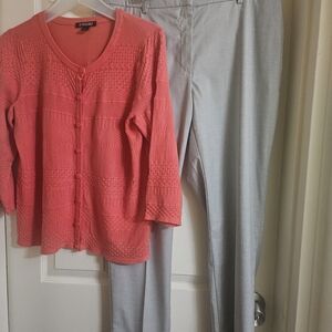 Roz & Ali Coral Knit Button-Front Cardigan with Light Gray Trousers